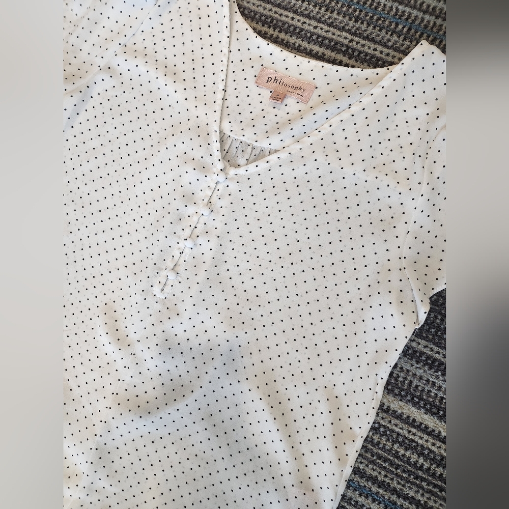 Philosophy White and Black Polkadot Short Sleeve Blouse - Picture 2 of 10